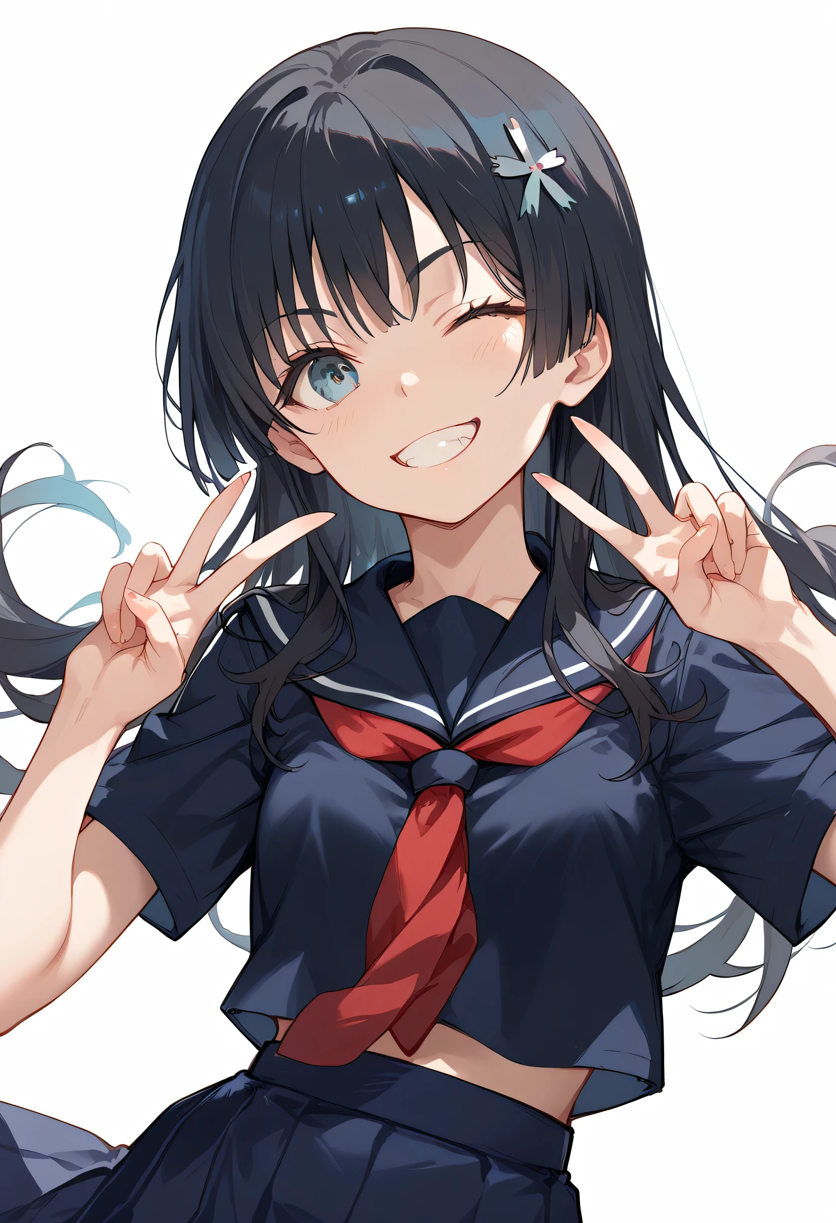 
(Saten Ruiko)(1 female,Long Black Hair,Small breasts,Slim body,Hairpin)
(White Sailor Suit,Red tie,Blue Skirt)One eye closed,Grin,Double Peace