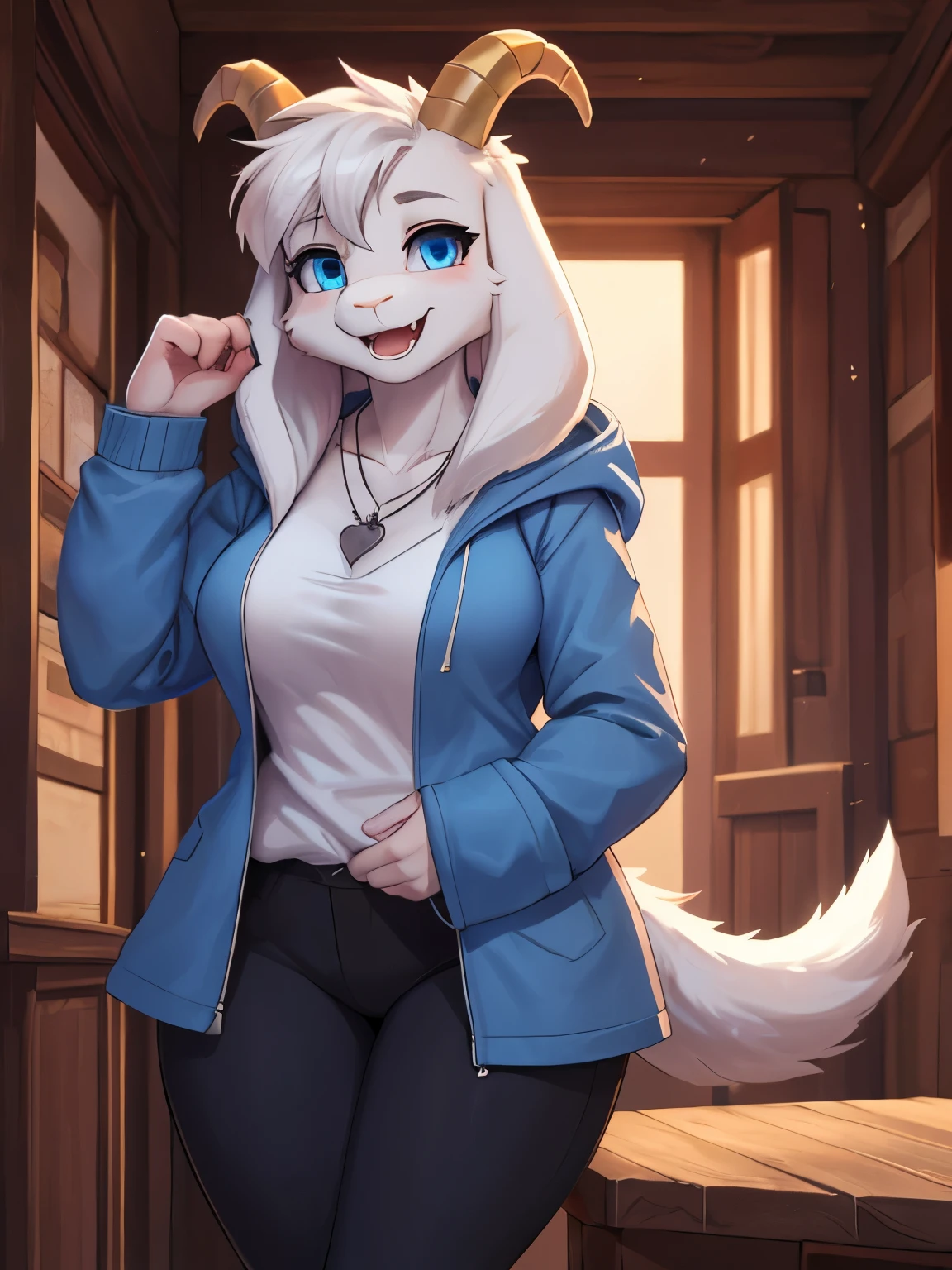 woman, young adult, smiling, beautiful smile, open mouth, showing fangs, alone, in a house, hairy, goat, anthropomorphic goat, Asriel, Undertale ((Asriel Dreemurr)), big breasts, big, big ass, wide hips, perfect female body, tall, ((long hair, long white hair, straight hair)), blue eyes, pupils (slit shape), face, anthropomorphic, cartoon, Eskimo coat ((blue coat, no drawing, Eskimo coat) ), metacarpal paw, black blouse ((white heart in the middle, black pants)), wears golden heart pendant, goat's tail, short horns, white horns ((droopy ears, big ears)), goat's paw, anthropomorphic paw , specific, better quality, better detailing, details and quality.