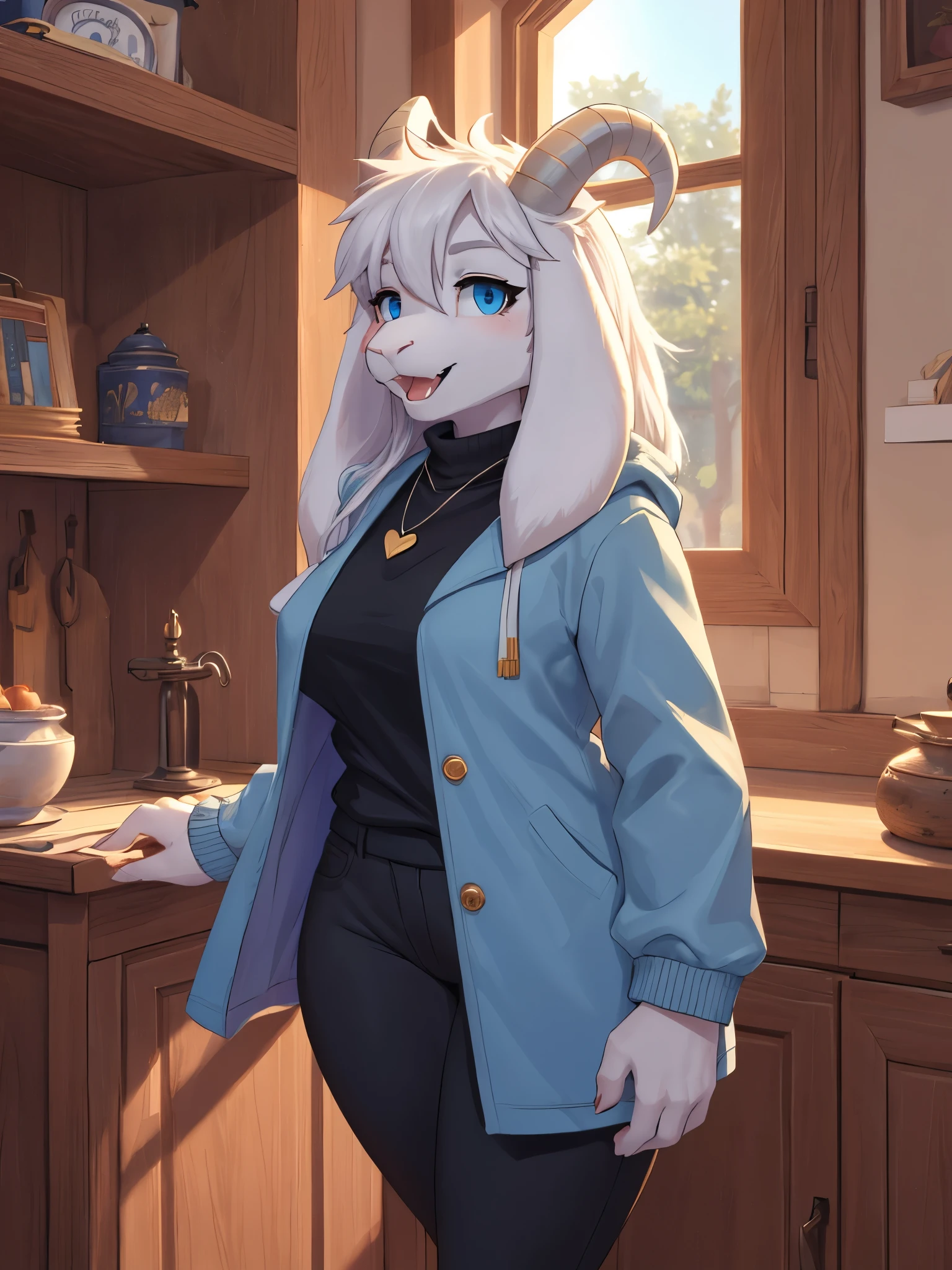 woman, adult, smiling, beautiful smile, open mouth, showing fangs, alone, in a house, hairy, goat, anthropomorphic goat, Asriel, Undertale ((Asriel Dreemurr)), big breasts, big, big ass, wide hips, perfect female body, tall, ((long hair, long white hair, straight hair)), blue eyes, pupils (slit shape), face, anthropomorphic, cartoon, Eskimo coat ((blue coat, no drawing, Eskimo coat) ), metacarpal paw, black blouse ((white heart in the middle, black pants)), wears golden heart pendant, goat's tail, short horns, white horns ((droopy ears, big ears)), goat's paw, anthropomorphic paw , specific, better quality, better detailing, details and quality.