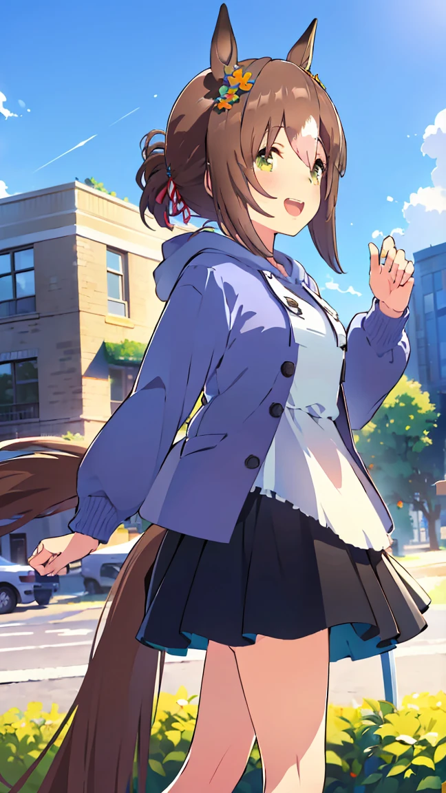 masterpiece, Best Quality, High resolution, Very detailed,(((Fine Motion))), (((Horse Girl))), (((hoodie))), (((Standing at a distance))), (((Facing forward。))), (((Around town))), (((Against the backdrop of blue sky))), (((Laughing。))), (((building)))