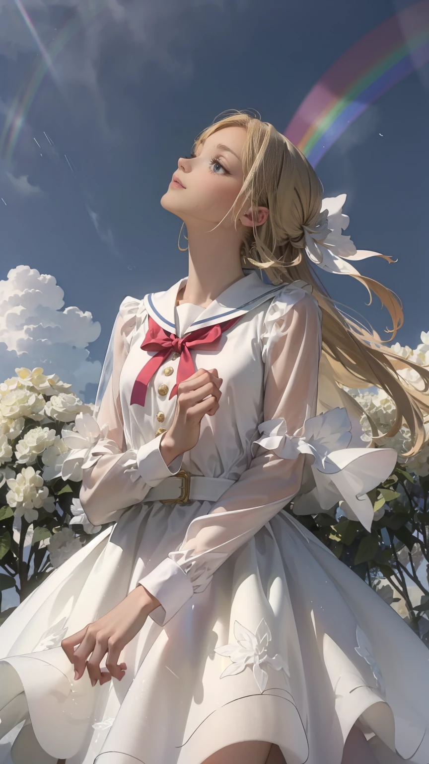 Best Quality,masterpiece,Watercolor style,girl,blonde,blue eyes,White Dress,Red Ribbon Hydrangea,after the rain,rainbow,Looking up at the sky,smile,The light spreads,White Dress,Sailor collar,Long sleeve,Dark blue on the cuff,Line on the cuff,,Shortcuts,