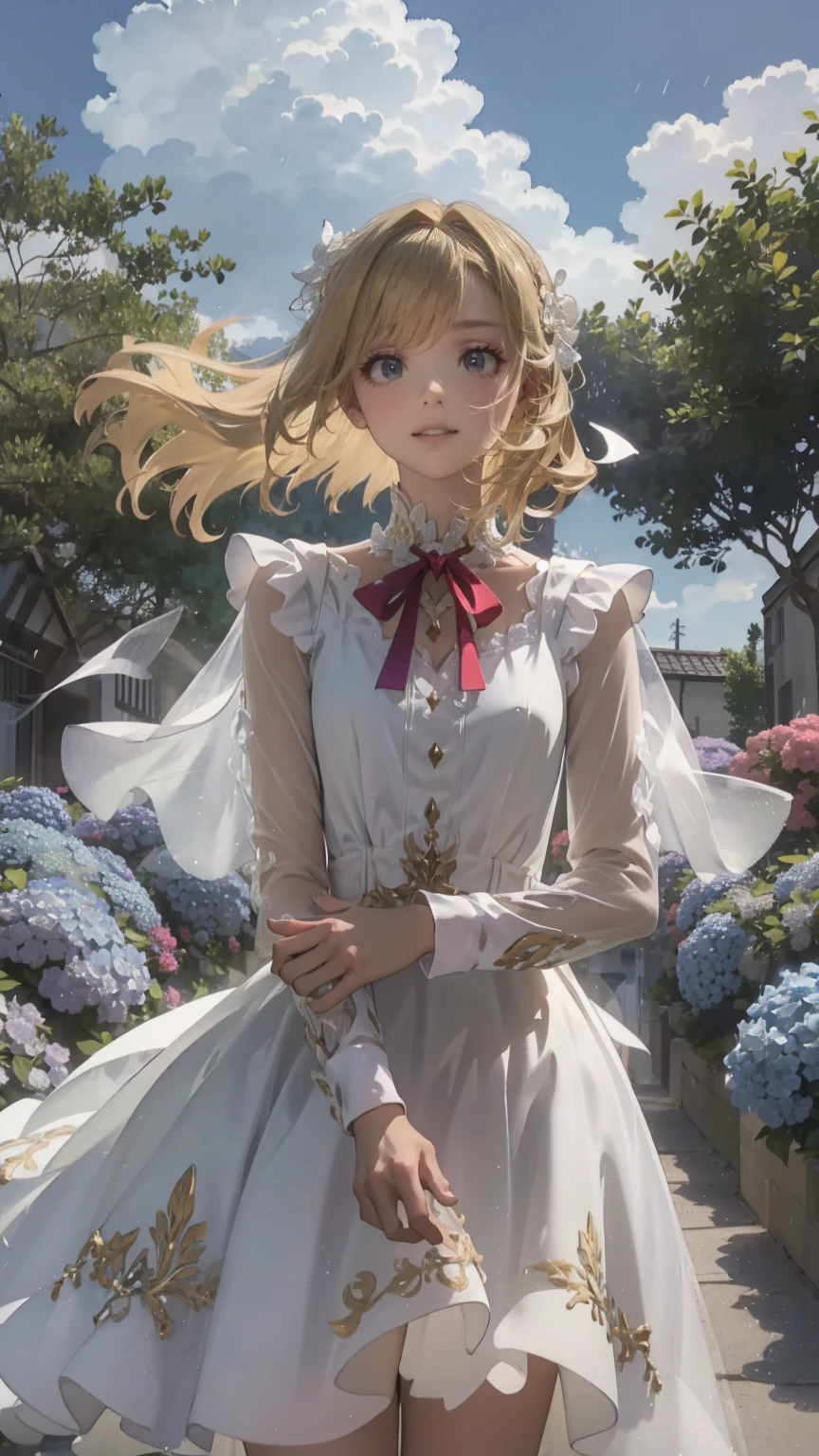 Best Quality,masterpiece,Watercolor style,girl,blonde,blue eyes,White Dress,Red Ribbon Hydrangea,after the rain,rainbow,Looking up at the sky,smile,The light spreads,White Dress,Sailor collar,Long sleeve,Dark blue on the cuff,Line on the cuff,,Shortcuts,