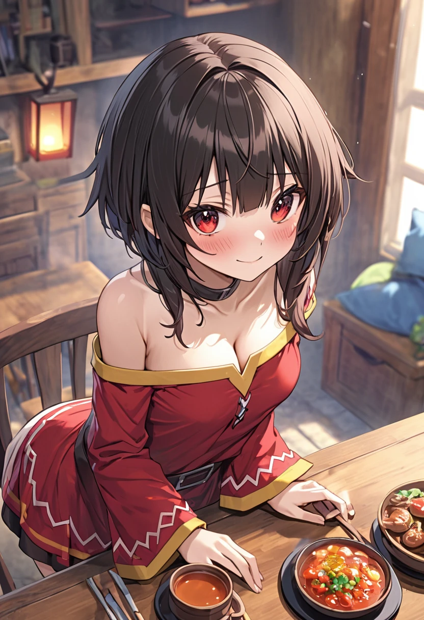 (NSFW:1.2)、(masterpiece、Best Quality、Super detailed、Anime-like、Built-in、Tabletop、Detailed face、cute)、Age 15、KonoSuba、Megumin、Black short hair、Red eyes、セクシーなPーズ、Cleavage、No bra、P