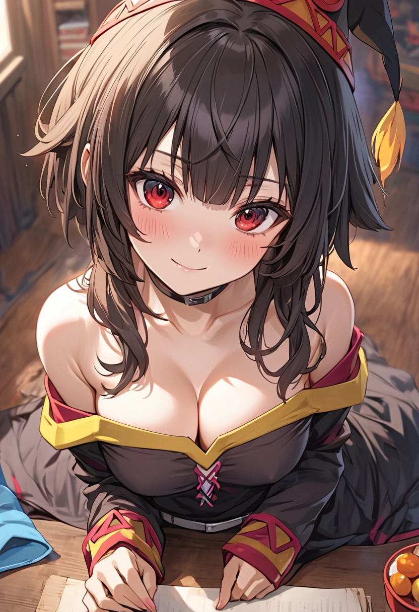 (NSFW:1.2)、(masterpiece、Best Quality、Super detailed、Anime-like、Built-in、Tabletop、Detailed face、cute)、、KonoSuba、Megumin、Black short hair、Red eyes、セクシーなPーズ、Cleavage、No bra、P