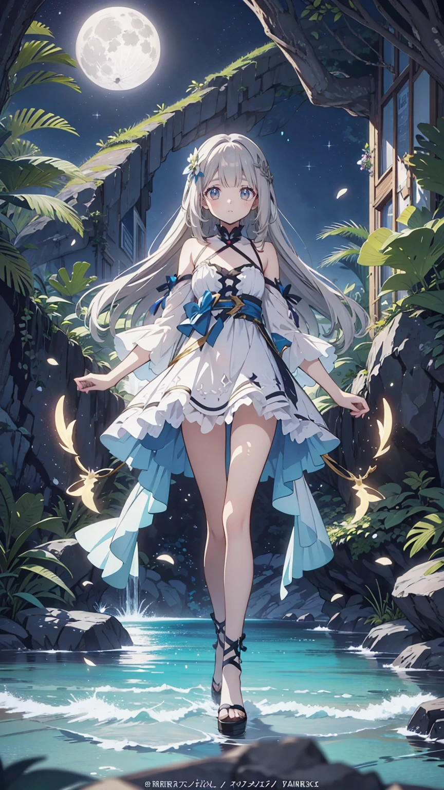 Anime girl walking near a cliff, Beautiful fantasy anime, high detailed official art, Silver-haired God, Shadowverse Style, Anime Goddess, Nightcore, Detailed Key Anime Art, official art, Masterpiece Goddess of Beauty, Anime fantasy illustration, Detailed digital anime art, Epic light novel art cover, From the Arknights video game, Anime fantasy art, Calm background, Bright white moon, white beach dress, Sea view