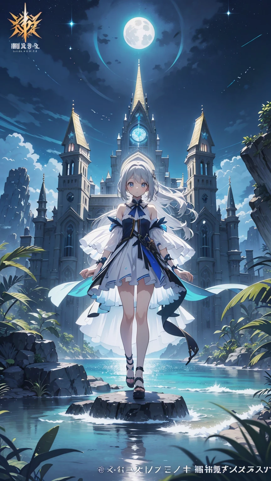 Anime girl walking near a cliff, Beautiful fantasy anime, high detailed official art, Silver-haired God, Shadowverse Style, Anime Goddess, Nightcore, Detailed Key Anime Art, official art, Masterpiece Goddess of Beauty, Anime fantasy illustration, Detailed digital anime art, Epic light novel art cover, From the Arknights video game, Anime fantasy art, Calm background, Bright white moon, white beach dress, Sea view