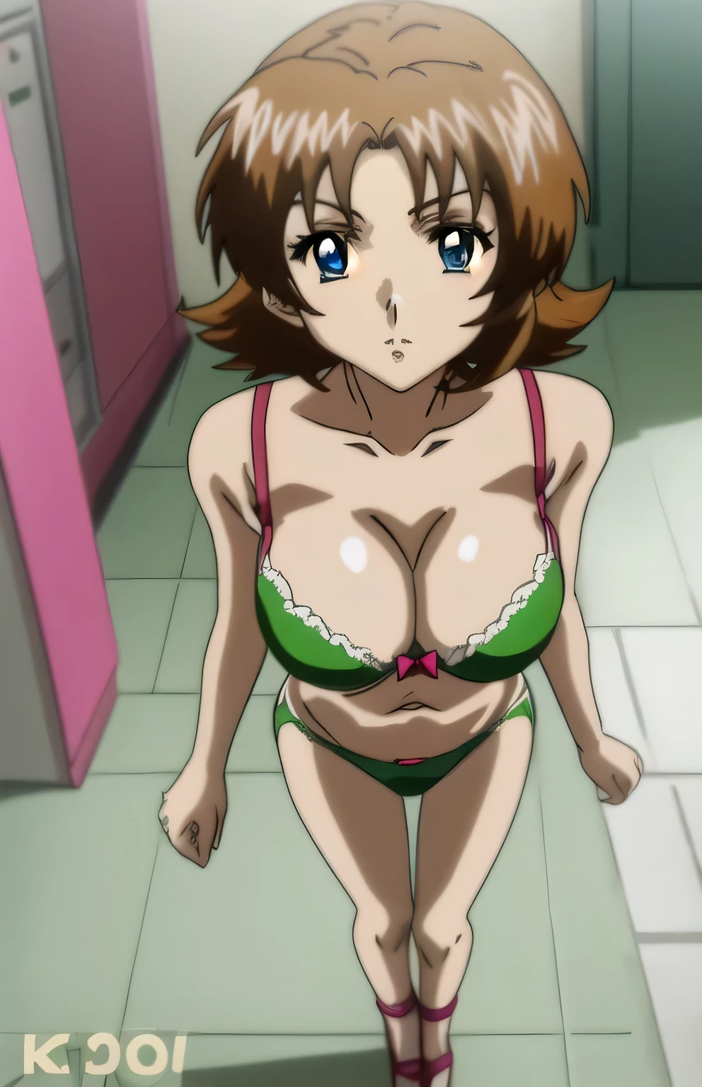 Anime Girls in a light green bra with a pink bow and light green panty with a pink bow、Short brown hair girl、Blue Eyed Girl、Short Wolf Hair、seductive Anime Girls、clothing:Light green bra、Light green panties、Anime Moe Art Style、Big Breasts、Girls with very large breasts、(Anime Girls)、attractive Anime Girls、Naughty anime style、Beautiful attractive anime 、Smooth anime CG art、indoor、cleavage、bra with an light green、panty with an light green、whole body、A girl is standing、Digital anime art!!、Female focus、Perfect body、pretty Anime Girls、Full Body、Best anime girl、Alone、Underwear only、Bra and panties only、8k!!、High resolution!!、