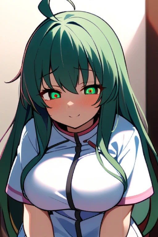 (masterpiece)、(absurdres)、(shiny dark green hair)、(solo girl)、dark green eyeiddle breast:0.9、(straight long hair)、(Gym suit、Shorts),blush,Background inside the gymnasium、closed eyes,upper body shot,