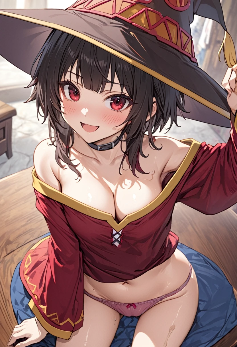 (NSFW:1.2)、(masterpiece、Best Quality、Super detailed、Anime-like、Built-in、Tabletop、Detailed face、cute)、Age 15、、KonoSuba、Megumin、Black short hair、Red eyes、Sexy pose、Cleavage、No bra、((Dirty panties))