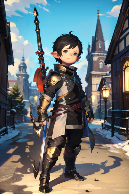 （adventure）、（One Boy）、Knight with dragon、Dragon knight with a spear、He has a small dragon on his shoulder、Looking up at the sky、three-headed body、Chibi character、Bell-shaped body、Snow remains on the road、In the background is a magnificent church、Final Fantasy 14、Lalafell、Man with short black hair、、