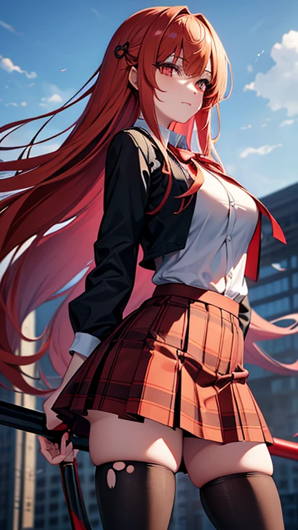 ultra-detailed, Best Quality, Anime, Highly detailed,extremely detailed CG, unity 8k wallpaper , super detailed skin, detailed , dynamic lighting , beautiful detailed eyes, Cowboy Shot, Itsuki Nakano, Red hair, Long hair, Star hair ornament, Ahoge, Red Sweater, Collared shirt, Green skirt, very short miniskirt, medium breasts, Standing, School, Outdoors, best smile, skirt lift by yourself,pigeon-toed, showing panties, floating hair, wind,