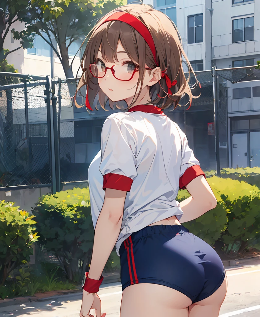 Phoenix Temple,One Girl, ,short hair,Light brown hair,Glasses,((Red Hairband))、Noise reduction,Perfect Anatomy,High resolution, Very detailed,Game CG,Cowboy Shot ,Attention to beautiful details,Visual Arts,Five fingers, Perfect hands, Perfect lighting,(Navy blue cuffs and white short-sleeved gym uniform)、(Navy Blue Bloomers)、(
Bare legs)、Thighs、Navy blue socks、sports boots、Ground、Schoolyard、(((Backwards、look back)))