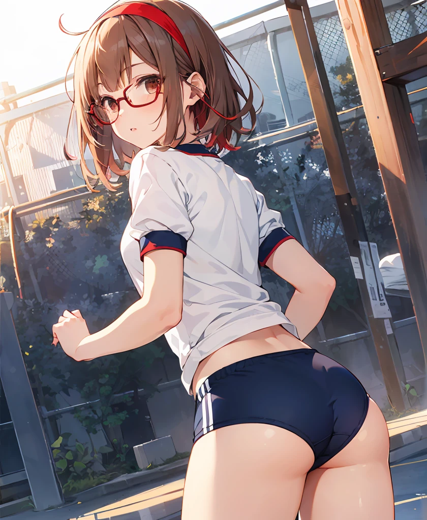 Phoenix Temple,One Girl, ,short hair,Light brown hair,Glasses,((Red Hairband))、Noise reduction,Perfect Anatomy,High resolution, Very detailed,Game CG,Cowboy Shot ,Attention to beautiful details,Visual Arts,Five fingers, Perfect hands, Perfect lighting,(Navy blue cuffs and white short-sleeved gym uniform)、(Navy Blue Bloomers)、(
Bare legs)、Thighs、Navy blue socks、sports boots、Ground、Schoolyard、(((Backwards、look back)))