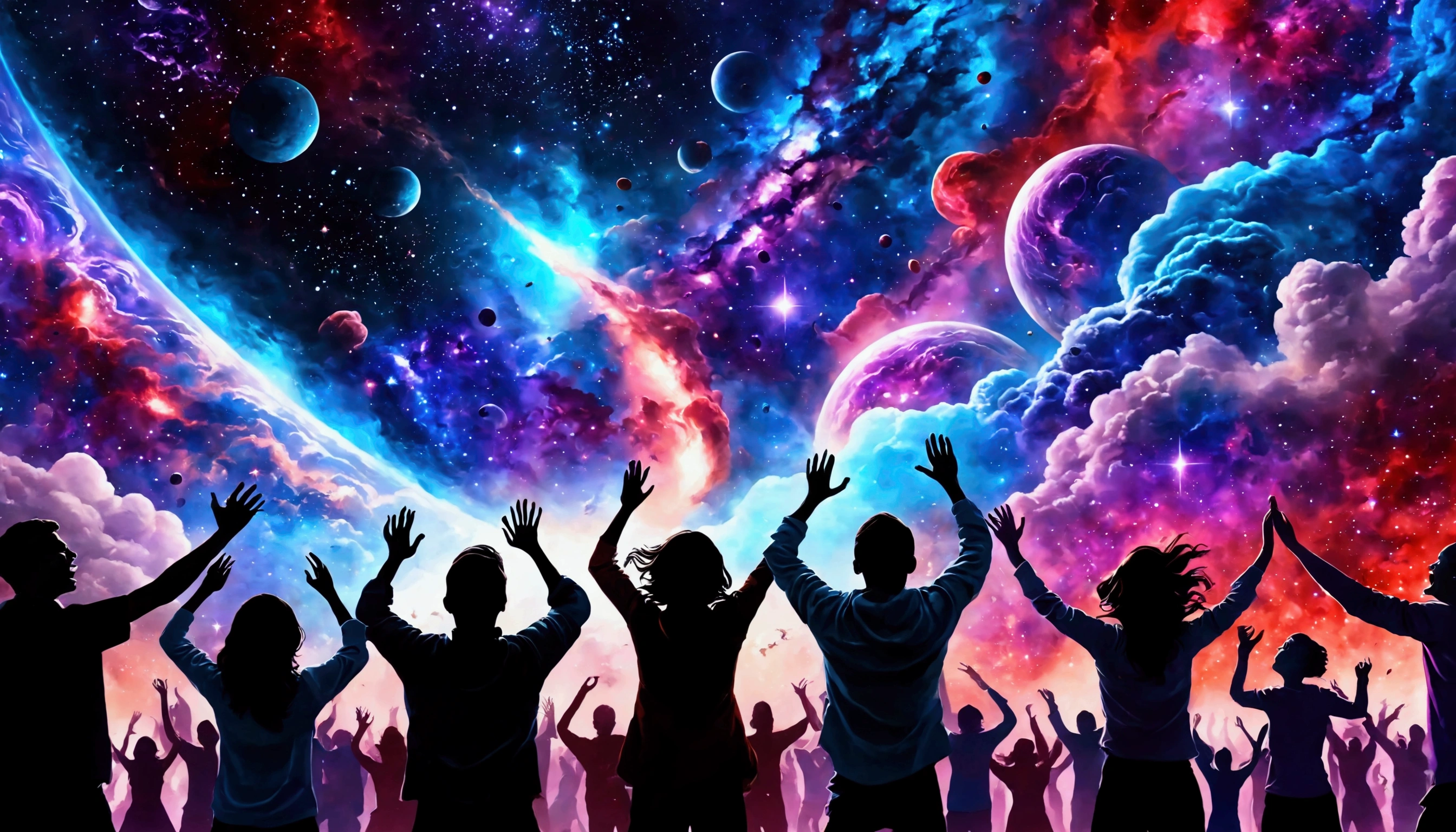 People screaming feeling fear, background galaxy, red, blue and purple 