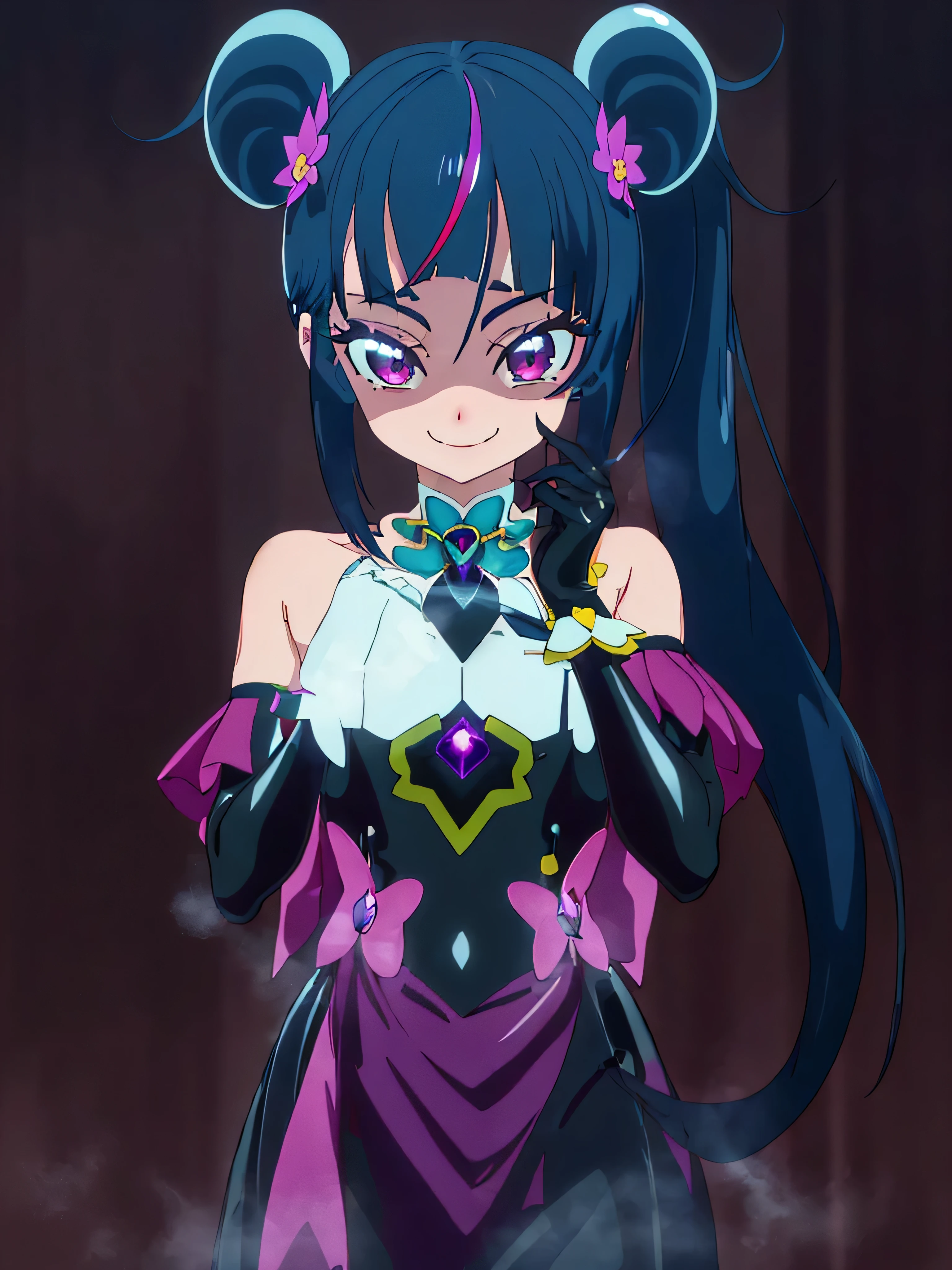 Best Quality, Very detailed,One Girl, alone, {cure_null_hirogarunullprecure:1.15}, Dark Blue Hair, red eye, Flames in the eyes, Long Hair, Twin tails, Magical Girl, bangs, Open your mouth, Redhead, multicoloRedhead, One Girl, blunt bangs, Darken your clothes, Hair Accessories, Evil smile, devilish aura (Shiny fabric:1.5), Full Body Shot, Purple Gemstone, Charming, , (Beautiful attention to detail:1.6), Very detailed顔, Perfect lighting, Very detailedなCG, (Perfect hands, Perfect Anatomy), devil, black color scheme, Shiny material, Green, Black ribbon, black satin gloves, Evil clover leaf decoration, Black frills, jewelry, corruption, Latex gloss, Black Gothic Cape, Evil smile,(A spooky world)))), (((A world of fear))) ,((masterpiece)), ((Best Quality)), ((Very detailed)), (shape), ((Very delicate and beautiful)), , cloudy null, CG Style, One-sided black wing,Dark Shadow Face,Sadistic smile,Malice,Contempt,smile,black,Perfect hands,Perfect body,Shiny Latex Elbow Full Gloves,Perfect Face,A somewhat crazy smile and a powerful black aura,(Dark and scary atmosphere,Gothic Fashion,Dark colors),(Shrouded in darkness, black background, shadow, Extreme darkness:2.0),Dark Energy