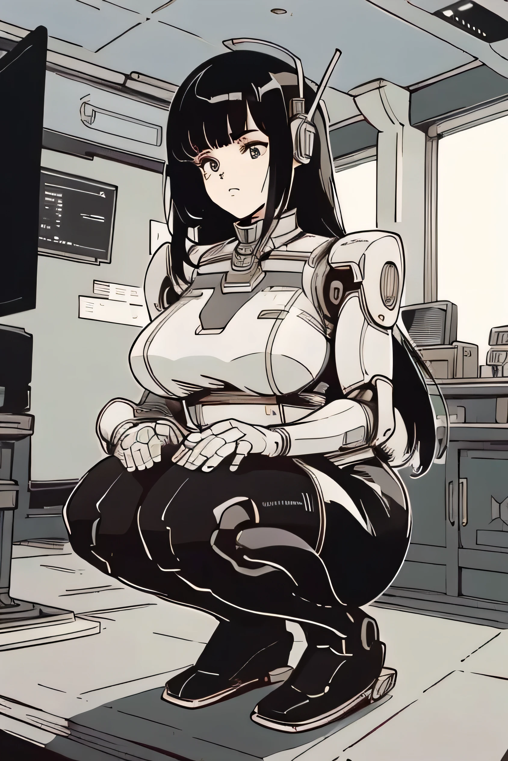 masterpiece, best quality, extremely detailed,Japaese Android girl,chubby,Plump , control panels,android,Droid,Mechanical Hand, Robot arms and legs, Black Robot Parts,Black hair,Mechanical body,Blunt bangs,White robotics parts,perfect robot girl,future information counter,reception,long tube,thick cable connected her neck,ceramic body ,mechanical body,android,robot,humanoid,cyborg,information office,japanese android receptionist ,mechanical chest,skirt,dark black leggings,squat