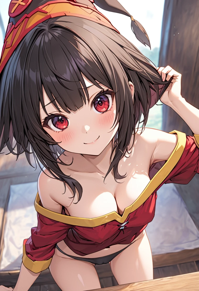 (NSFW:1.2)、(masterpiece、Best Quality、Super detailed、Anime-like、Built-in、Tabletop、Detailed face、cute)、、KonoSuba、Megumin、Black short hair、Red eyes、Sexy pose、Cleavage、No bra、Black Panties、Cute ass