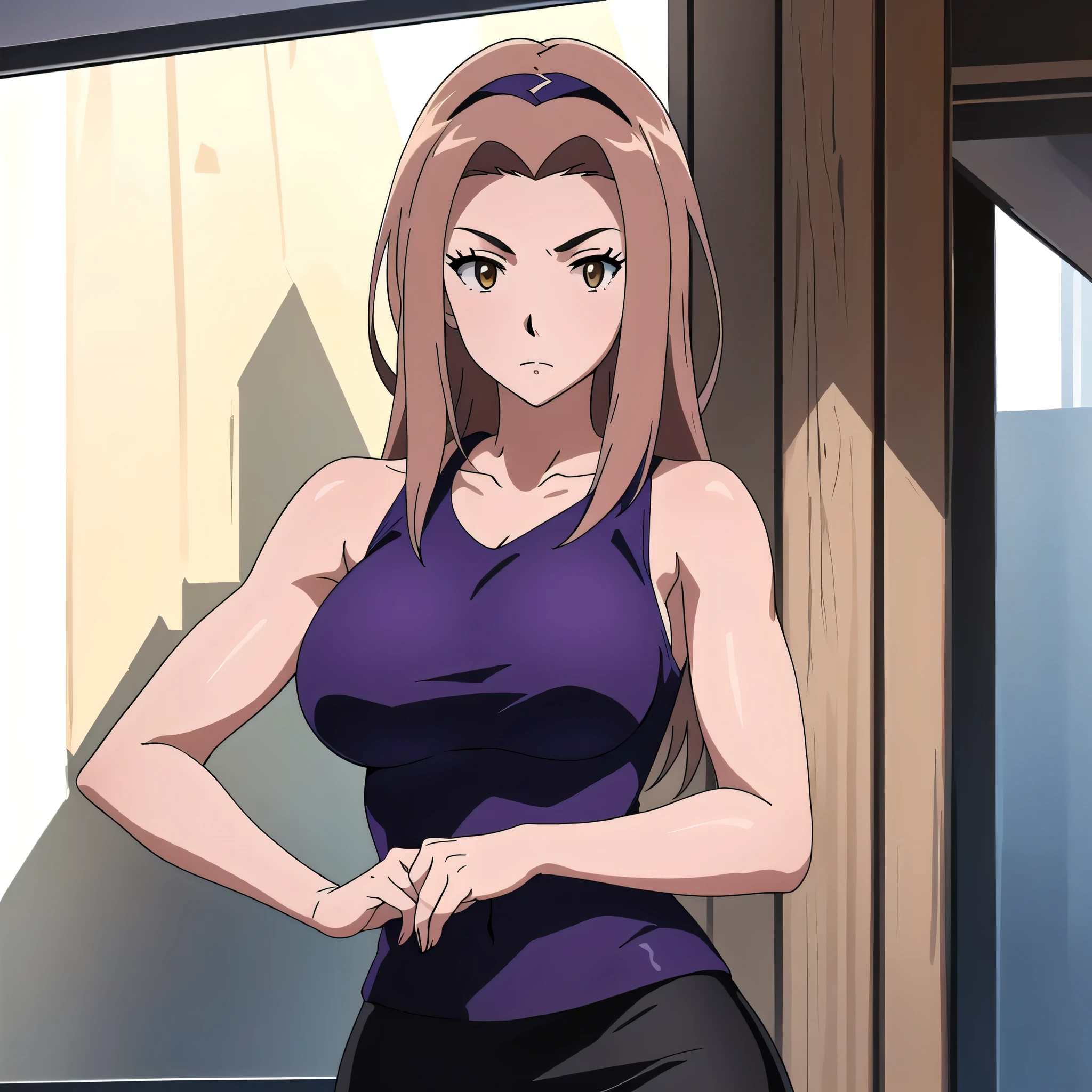 masterpiece, Best Quality, High resolution, 1woman, Close-up of a woman with long purple hair, Brown eyed woman, Alone, Classic Women, Big Breasts, A woman with very large breasts, Made by Anime Artist Studio, Boobs, clothing:Black Tank Top, collarbone, Women Romance, Anime Style, Muscular Woman, Skin tight tank top, Feminine and muscular, Tall Woman, Adult sex appeal, Wearing a tight skirt, Anime dick!!!!, tanktop with an black, Bare shoulders, Bare Arms, Cowboy Shot, looking at viewer, Female focus,