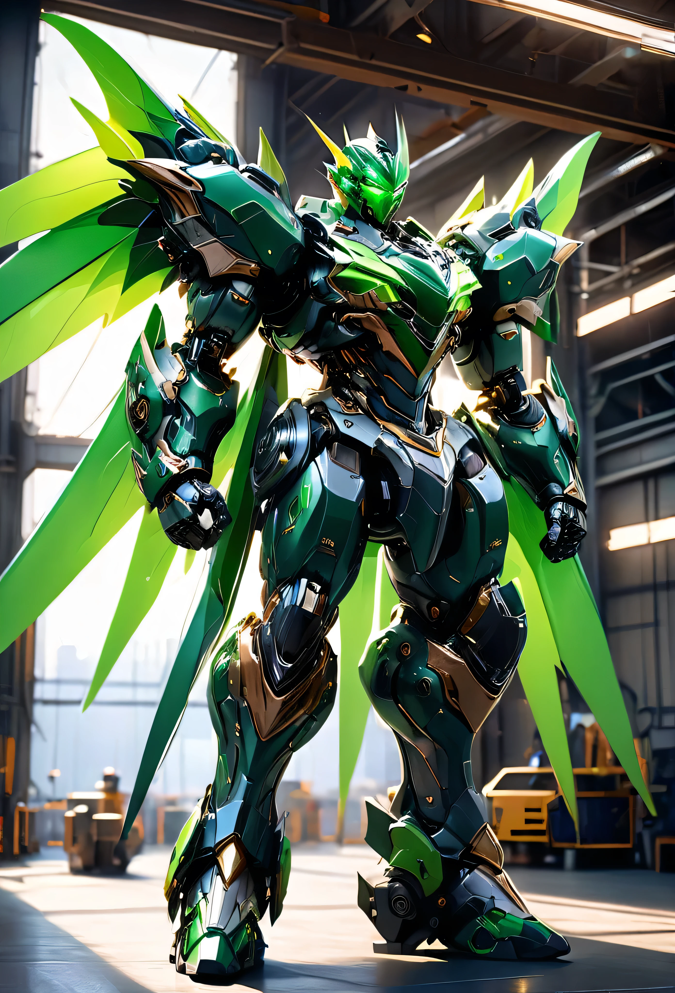 1 black/green mecha bat, highly detailed, hyper realistic, green accents, green wings, cinematic lighting, photorealistic, 8k, best quality, intricate gears and machinery, powerful pose, glowing eyes, shiny metallic surfaces, dramatic shadows, depth of field, elegant design, dynamic composition, full body