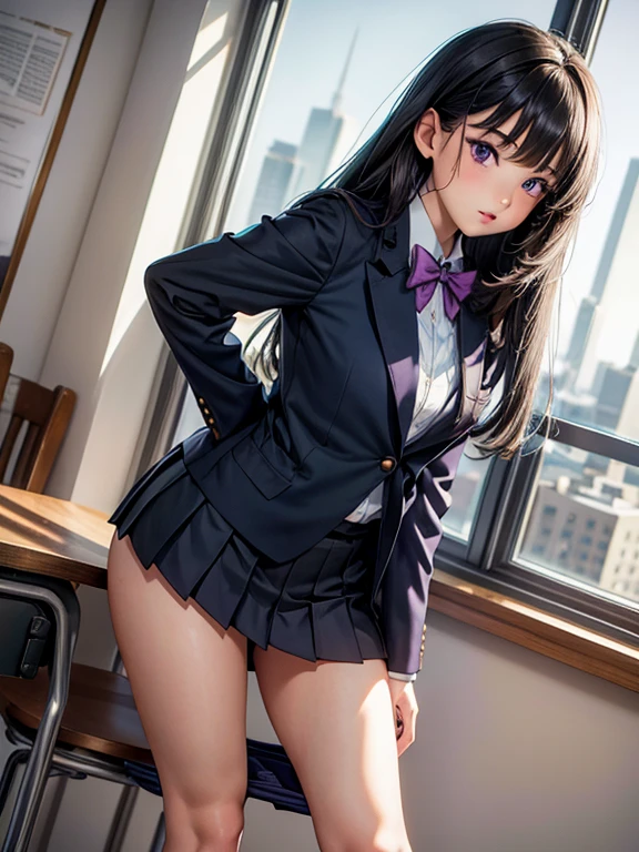 1 girl, JK, 18 yo, Highly detailed beautiful face, neat straight bangs arranged horizontally, very long black hair, purple eyes, school uniform with navy blue blazer on the top, navy blue mini pleated skirt, black socks, loafers. school classroom, standing by the window taking off pink panties, legs slightly spread, dynamic angle, low angle from the front, shojo manga style.