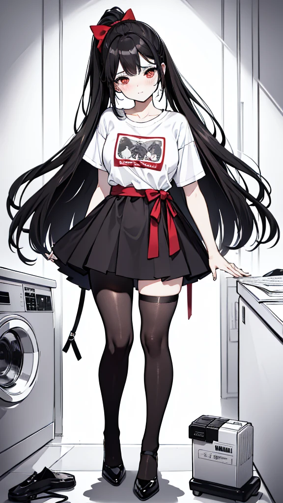 Using pantimedias, Waist length wavy black hair, penetrating gaze with deep red eyes, average height, waist-length black hair, Silky hair with a ponytail hairstyle gathered with a red bow with two white lines, has a vagina, has breasts, breast cup to, Small breasts, slim, foreground, session, standing in her room, standing in her room, wearing pantyhose, Using pantimedias, Picardias, neckline, looking at the viewer, lewd smile, ((oversized t-shirt)), Off the shoulders, washing machines, thighs, ((white t-shirt)), standing, hands on waist,, shoes, blush, from below, thighs gorditos, thighs grandes, big butt, hands behind back, lost look 