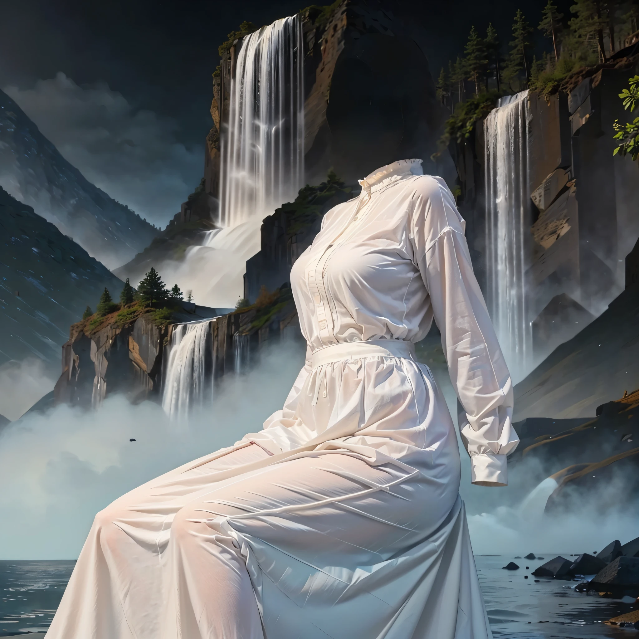 1girl, (invisible:1.5, no humans:1.5, headless:1.5, faceless:1.5), chubby, fat, aafern, large breasts, long dress, white dress, black robe, long sleeves, (close-up shot of breasts), (8k, RAW photo, best quality, masterpiece:1.2), (realistic, photo-realistic:1.37), photon mapping, radiosity, ((Hasselblad photography)), physically-based rendering, leaning forward, waterfall