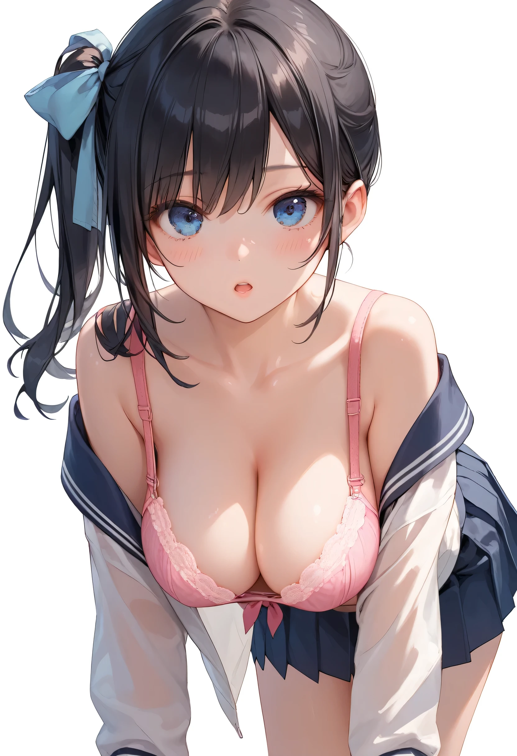 score_9,score_8_up,score_7_up, 1girl, bare shoulders, black hair, blue eyes, blue sailor collar, blush, bra, breasts, cleavage, collarbone, downblouse, hair ribbon, hanging breasts, large breasts, looking at viewer, navel, open clothes, open mouth, parted lips, pink bra, pleated skirt, ribbon, sailor collar, school uniform, side ponytail, simple background, skirt, solo, underwear