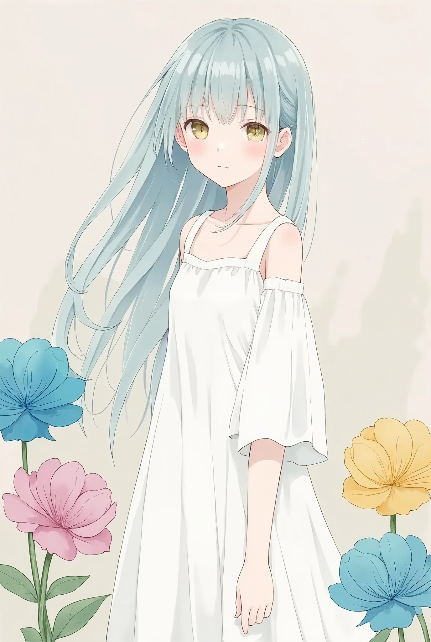 Beautiful woman、Hatsune Miku、flower arrangement、Wabi-sabi art、かわいいface、Very detailed_face_eye、Very detailedなface、whiteいドレス、white、gray、Light blue shades、parchment、Abstract Floral Arrangement、Three big flowers、Dreamy Art、silence、wallpaper、Please redeem、masterpiece、High resolution、８ｋ