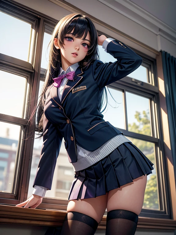 1 girl, JK, 18 yo, Highly detailed beautiful face, neat straight bangs arranged horizontally, very long black hair, purple eyes, school uniform with navy blue blazer on the top, navy blue mini pleated skirt, black socks, loafers. school classroom, standing by the window taking off pink panties, legs slightly spread, dynamic angle, low angle from the front, shojo manga style. (((Highest Quality, Photo-Realistic:1.3, Masterpiece)))