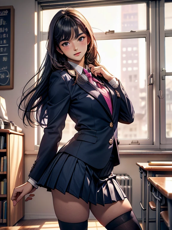 1 girl, JK, 18 yo, Highly detailed beautiful face, neat straight bangs arranged horizontally, very long black hair, purple eyes, school uniform with navy blue blazer on the top, navy blue mini pleated skirt, black socks, loafers. school classroom, standing by the window taking off pink panties, legs slightly spread, dynamic angle, low angle from the front, shojo manga style. (((Highest Quality, Photo-Realistic:1.3, Masterpiece)))