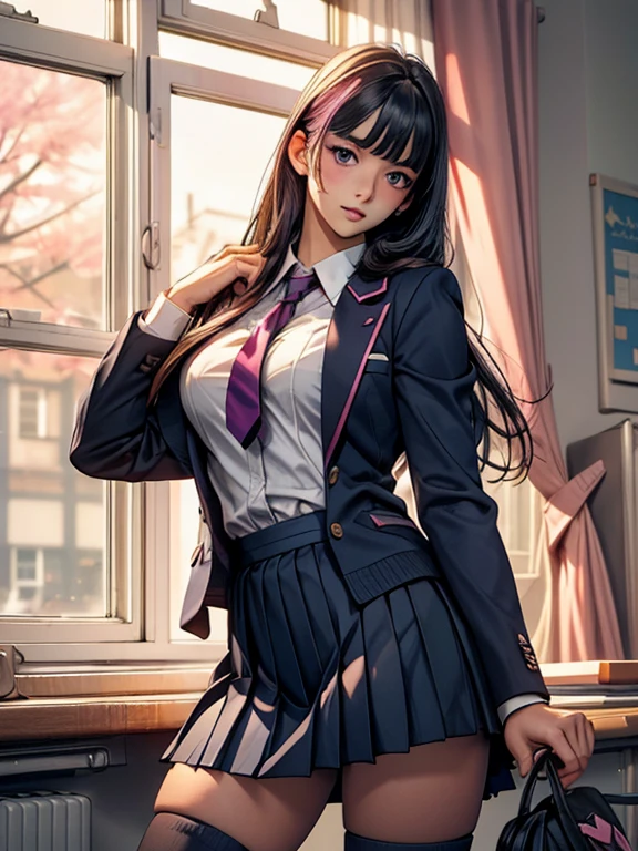 1 girl, JK, 18 yo, Highly detailed beautiful face, neat straight bangs arranged horizontally, very long black hair, purple eyes, school uniform with navy blue blazer on the top, navy blue mini pleated skirt, black socks, loafers. school classroom, standing by the window taking off pink panties, legs slightly spread, dynamic angle, low angle from the front, shojo manga style. (((Highest Quality, Photo-Realistic:1.3, Masterpiece)))