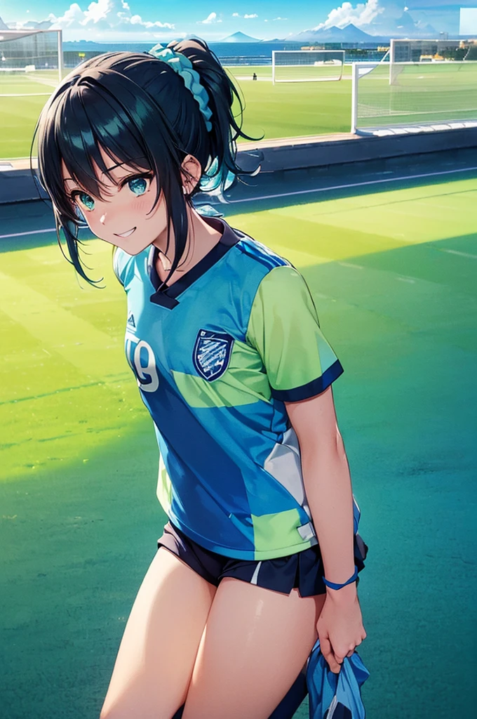 ((A soccer uniform with a gradient pattern that combines light green and blue:1.3)),(16k,Ultra-high resolution,Best Quality,masterpiece,Very detailed,Extremely clear CG),,Very detailed顔の特徴, Beautiful and perfect face:1.3, Perfect Eyes:1.3,,Cute and beautiful high school girl with a ponytail,((Blue Scrunchie:1.3)),Blue socks,(Black Hair),((A soccer stadium with a distant view of the sea:1.3)),((Beautiful clear blue sky:1.3)),Anatomically correct body,Light green wristband,The happiest smile,Best Anime,The best CG,Light green light,Blue accent color,Walking on the grounds
