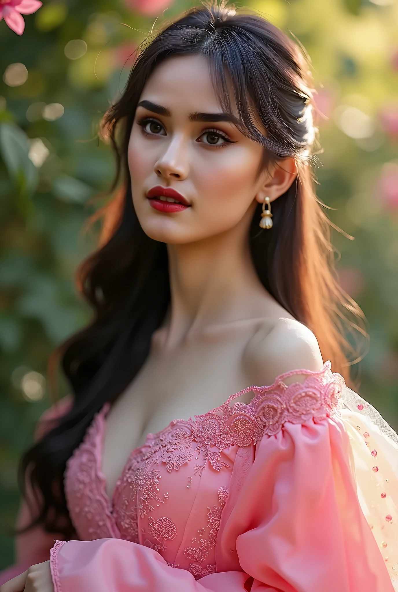 photorealistic, masterpiece, best quality 16k, raw photo, 1 girl, solo, long hair, brown hair, detailed face, charming face, collared shirt, medium bust, dynamic pose, looking at viewer, from below, detailed background, fine detail, intricate detail, ray tracing, depth of field, dark tones, hdr, A beautiful 24-year-old girl with beautiful features, captured in exquisite detail at 8k resolution. Her long hair frames her delicate face, revealing glossy eyes with extremely detailed double eyelids. Her skin is fair, smooth and clean, highlighting her naturally round, medium breasts with cleavage peeking through her light-colored cotton vest. The elaborate embroidery on the vest adds elegance to her slender figure, accentuated by her beautifully shaped hands. The dimly lit bedroom creates a minimalist, soft theme with an “in the dark” atmosphere, allowing every intricate detail of the girl’s features and outfit to stand out. She lies on a bed with pillows, her head propped up on the pillow as she looks straight at the camera with a charming smile, her glossy lips slightly parted and her expressive eyes shining. The sharp focus, enhancing the realism of the image, shows off her gorgeous figure and charming presence to the fullest extent., perfectly detailed face, full glossy lips, detailed eyes, detailed nose, detailed teeth