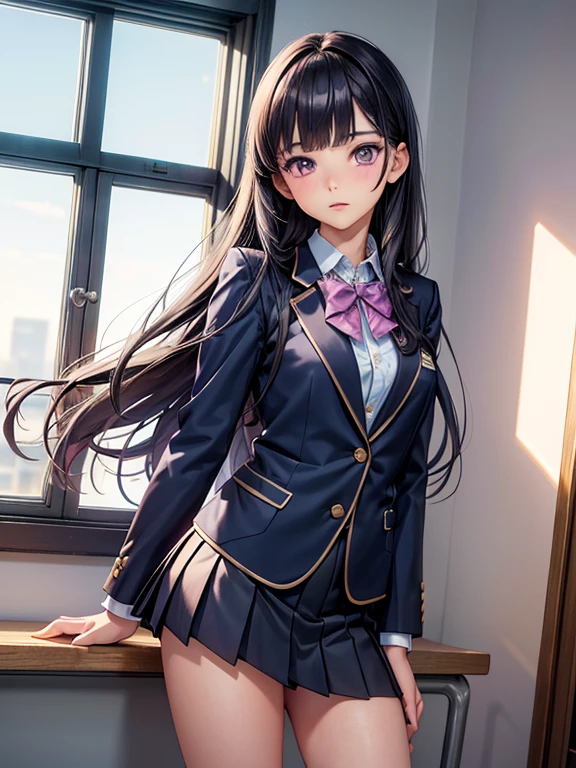 1 girl, JK, 18 yo, Highly detailed beautiful face, neat straight bangs arranged horizontally, very long black hair, purple eyes, school uniform with navy blue blazer on the top, navy blue mini pleated skirt, black socks, loafers. school classroom, standing by the window taking off pink panties, legs slightly spread, dynamic angle, low angle from the front, shojo manga style. (((Highest Quality, Photo-Realistic:1.3, Masterpiece)))