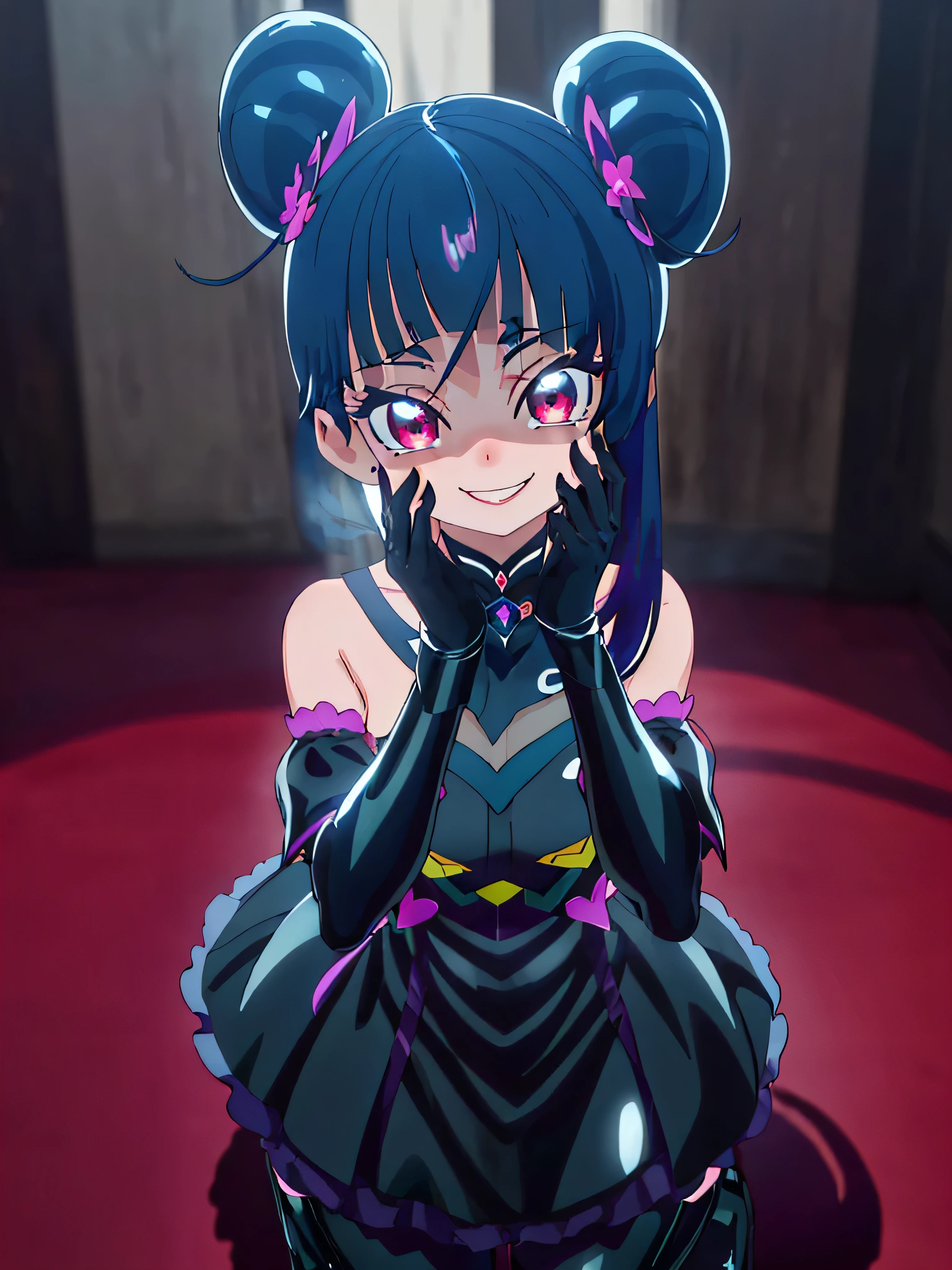 Best Quality, Very detailed,One Girl, alone, {cure_null_hirogarunullprecure:1.15}, Dark Blue Hair, red eye, Red eyes, Long Hair, Twin tails, Magical Girl, bangs, Open your mouth, Redhead, multicoloRedhead, One Girl, blunt bangs, Darken your clothes, Hair Accessories, Evil smile, devilish aura (Shiny fabric:1.5), Full Body Shot, Purple Gemstone, Charming, , (Beautiful attention to detail:1.6), Very detailed顔, Perfect lighting, Very detailedなCG, (Perfect hands, Perfect Anatomy), devil, black color scheme, Shiny material, Green, Black ribbon, black satin gloves, Evil clover leaf decoration, Black frills, jewelry, corruption, Latex gloss, Black Gothic Cape, Evil smile,(A spooky world)))), (((A world of fear))) ,((masterpiece)), ((Best Quality)), ((Very detailed)), (shape), ((Very delicate and beautiful)), , cloudy null, CG Style, One-sided black wing,Dark Shadow Face,Sadistic smile,Malice,Contempt,smile,black,Perfect hands,Perfect body,Shiny Latex Elbow Full Gloves,Perfect Face,A somewhat crazy smile and a powerful black aura,（Dark and scary atmosphere,Gothic Fashion,Dark colors）,(Shrouded in darkness, black background, shadow, Extreme darkness:2.0),Dark Energy