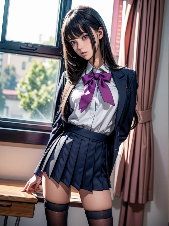 1 girl, JK, 18 yo, Highly detailed beautiful face, neat straight bangs arranged horizontally, very long black hair, purple eyes, school uniform with navy blue blazer on the top, navy blue mini pleated skirt, black socks, loafers. school classroom, standing by the window taking off pink panties, legs slightly spread, dynamic angle, low angle from the front, shojo manga style. (((Highest Quality, Photo-Realistic:1.3, Masterpiece)))