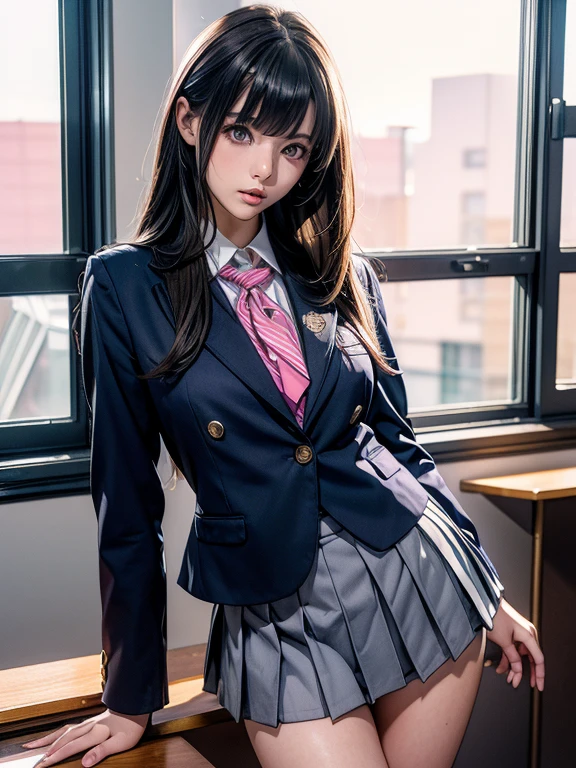 1 girl, JK, 18 yo, Highly detailed beautiful face, neat straight bangs arranged horizontally, very long black hair, purple eyes, school uniform with navy blue blazer on the top, navy blue mini pleated skirt, black socks, loafers. school classroom, standing by the window taking off pink panties, legs slightly spread, dynamic angle, low angle from the front, shojo manga style. (((Highest Quality, Photo-Realistic:1.3, Masterpiece)))