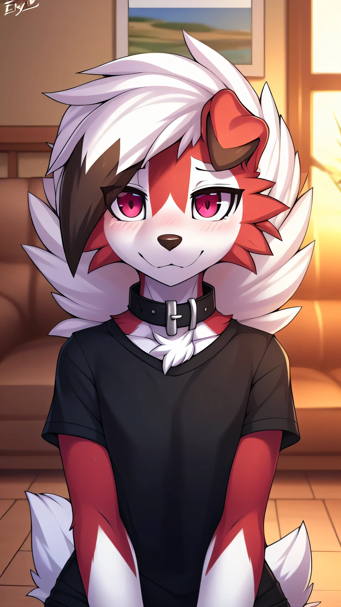 By zinfyu,by twistedscarlet60, uploaded on pixiv, by fluff-kevlar, (masterpiece), (best quality), (solo female:1.2), (extremely detailed:1.3),(detailed eye,black circle on eye,pink eye), lycanroc midnight, Front view, view on viewer, close view, shy face, half body on potrait, only body and head, close view, wearing black t-shirt, black short, Fullbody t-shirt, feminime flatchested, flatchested, close up photo of lycanroc, focus on face, in home living room, :3 mouht, beautiful eyebrow, shy, blush, wearing black collar, Paws pose, closeup face,