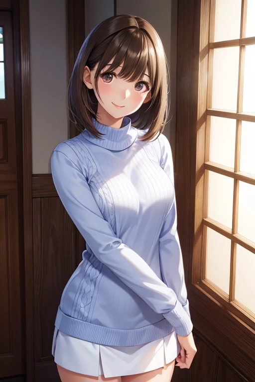 anegasaki nene、Shiny brown hair, short hair, (Beautiful brown eyes、Sparkling eyes, Fine grain)、smile、Ultra-detailed eyes、Highly detailed face, Highly detailed eyes,Cowboy Shot、
masterpiece, Highest quality, High resolution, alone, short hair, Mole under the mouth, Sweater dress, No sleeve, turtleneck, Are standing, Cowboy Shot, night, Steet