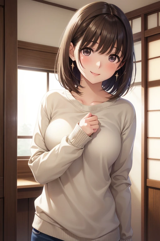 anegasaki nene、Shiny brown hair, short hair, (Beautiful brown eyes、Sparkling eyes, Fine grain)、smile、Super detailedな目、Highly detailed face, Highly detailed eyes,
超High resolution, Superior Quality, 最high quality, Super detailed, Realistic, 8k, RAW Photos, 最high quality, masterpiece, Attractive girl, A wonderful girl,
Wear a camisole that shows the shape of your breasts:1.5、(masterpiece, Best image quality, high quality, High resolution, Realistic:1.2), (Bright lighting, Professional Lighting), (Portraiture, One Woman, Beautiful woman), (Realistic Skin, Fine skin, Beautiful Skin),
, (Hidden eyelid wrinkles:1.3), (fine grain, length, Narrow eyes, iris, Your eyes are shining, How to draw eyes carefully),
((Looking down:1.2), Observe the audience, Sharp eyes, hot gaze), (Embarrassing, cheeks turn a little red, smile:1.2),, (A lightweight sweater in Japanese spring colors, Clothes fit snugly:1.3)