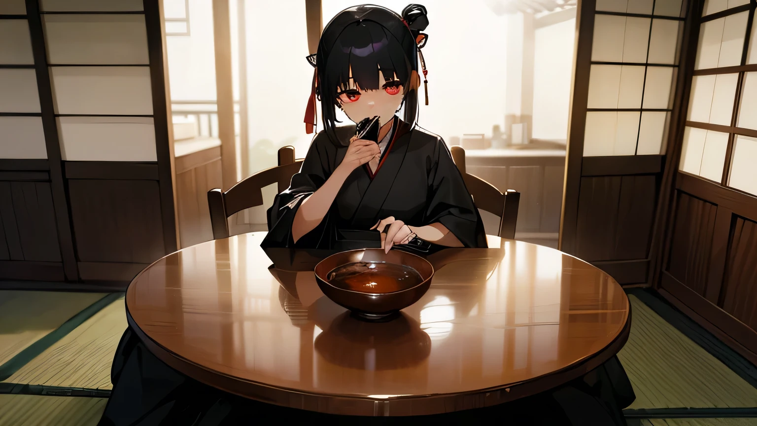 At the dining table of an old Japanese house、Her black hair was tied up、A fair-skinned beauty with long, narrow eyes、Wearing a black dress, alone、Drinking black soup from a large bowl