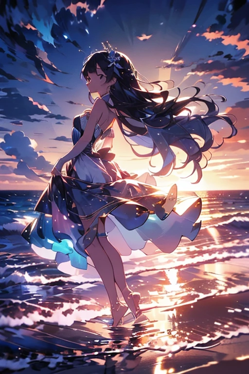 ((masterpiece, best quality)), night, Thin clothes, girl, Put one foot in the water with only the toes, girl standing, girl sideways, girl between the horizon and the sea, View from the side, Ripples spread from the toes, The scene of the incident was about 20 meters away from us, above sea level, night, The whole scene sparkles, There is a meteor shower