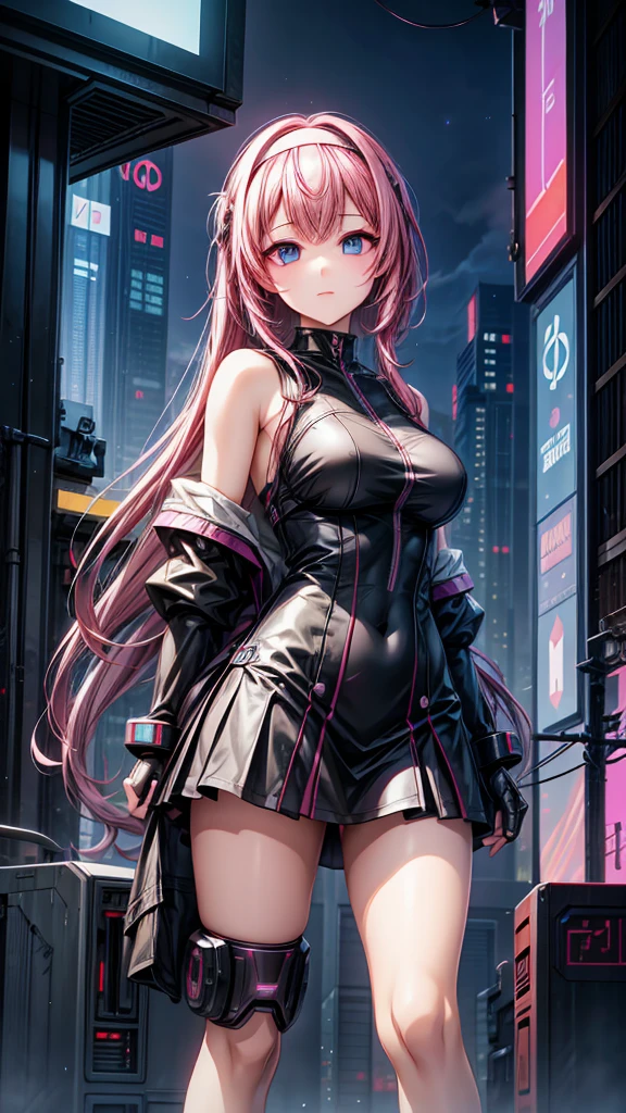 Mulher de 25 anos, com vestido estilo cyberpunk, com fenda, em uma rua de dia a luz do sol. She's on a cyberpunk street. Corpo inteiro.