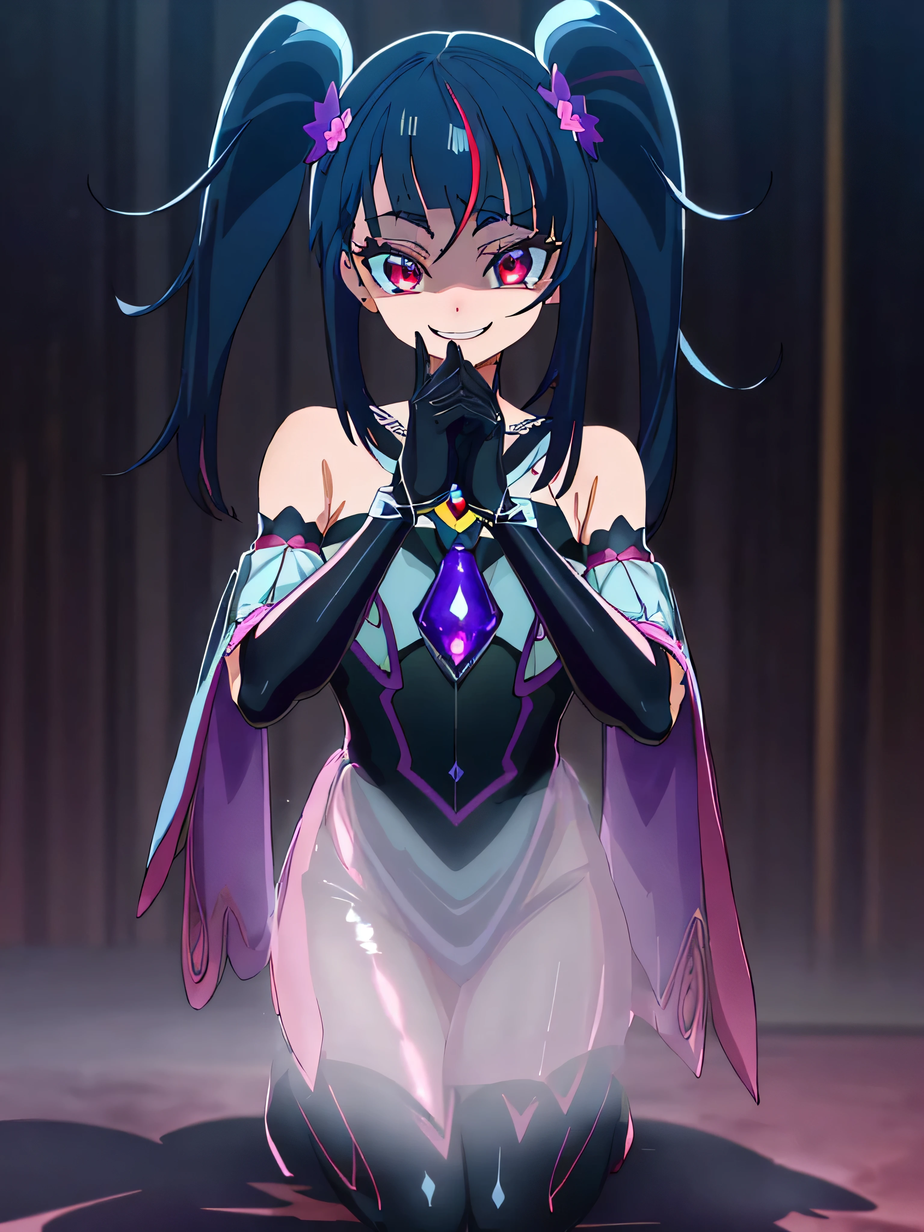 Best Quality, Very detailed,One Girl, alone, {cure_null_hirogarunullprecure:1.15}, Dark Blue Hair, red eye, Red eyes, Long Hair, Twin tails, Magical Girl, bangs, Open your mouth, Redhead, multicoloRedhead, One Girl, blunt bangs, Darken your clothes, Hair Accessories, Evil smile, devilish aura (Shiny fabric:1.5), Full Body Shot, Purple Gemstone, Charming, , (Beautiful attention to detail:1.6), Very detailed顔, Perfect lighting, Very detailedなCG, (Perfect hands, Perfect Anatomy), devil, black color scheme, Shiny material, Green, Black ribbon, black satin gloves, Evil clover leaf decoration, Black frills, jewelry, corruption, Latex gloss, Black Gothic Cape, Evil smile,(A spooky world)))), (((A world of fear))) ,((masterpiece)), ((Best Quality)), ((Very detailed)), (shape), ((Very delicate and beautiful)), , cloudy null, CG Style, One-sided black wing,Dark Shadow Face,Sadistic smile,Malice,Contempt,smile,black,Perfect hands,Perfect body,Shiny Latex Elbow Full Gloves,Perfect Face,A somewhat crazy smile and a powerful black aura,（Dark and scary atmosphere,Gothic Fashion,Dark colors）,(Shrouded in darkness, black background, shadow, Extreme darkness:2.0),Dark Energy