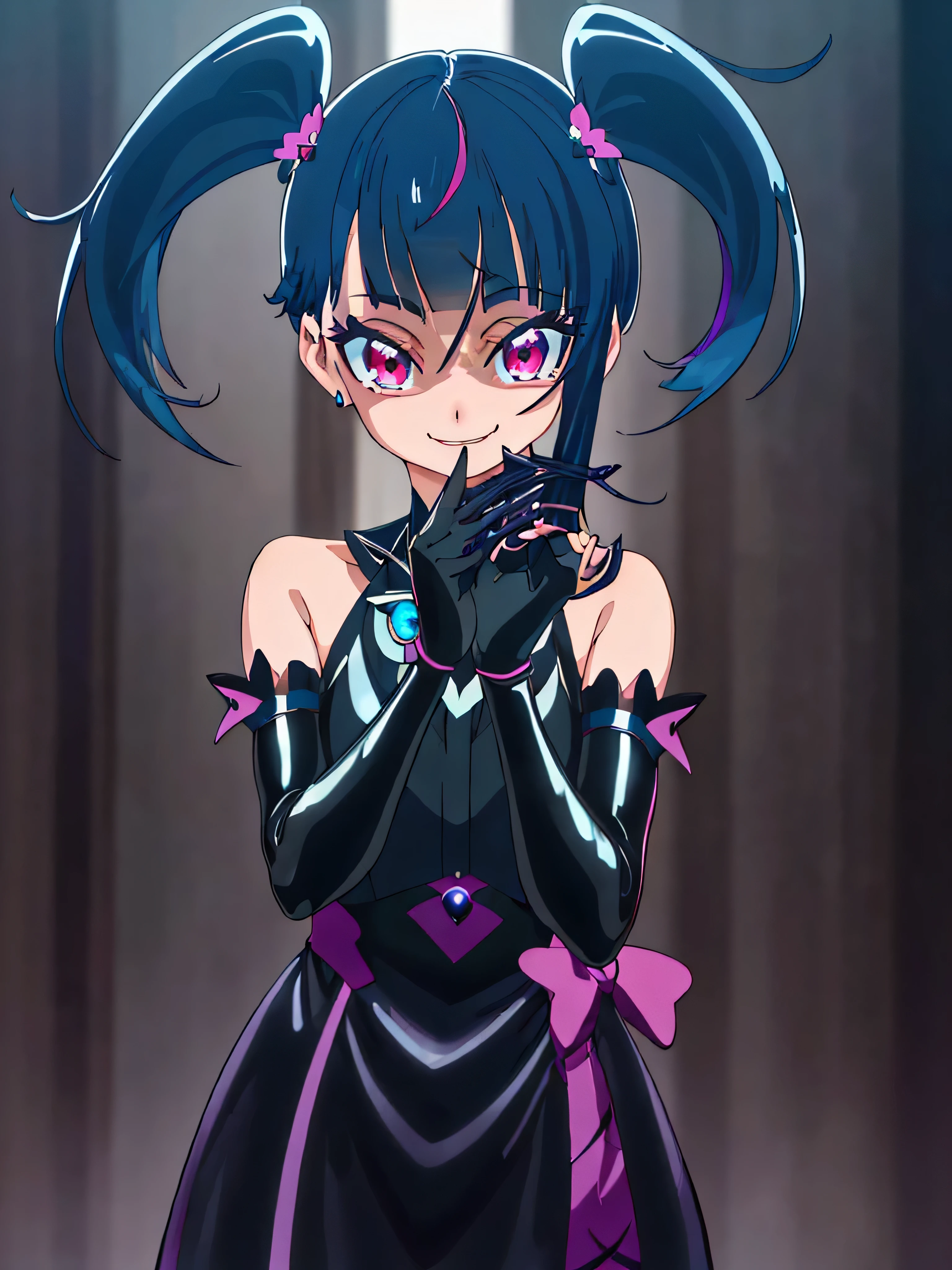 Best Quality, Very detailed,One Girl, alone, {cure_null_hirogarunullprecure:1.15}, Dark Blue Hair, red eye, Red eyes, Long Hair, Twin tails, Magical Girl, bangs, Open your mouth, Redhead, multicoloRedhead, One Girl, blunt bangs, Darken your clothes, Hair Accessories, Evil smile, devilish aura (Shiny fabric:1.5), Full Body Shot, Purple Gemstone, Charming, , (Beautiful attention to detail:1.6), Very detailed顔, Perfect lighting, Very detailedなCG, (Perfect hands, Perfect Anatomy), devil, black color scheme, Shiny material, Green, Black ribbon, black satin gloves, Evil clover leaf decoration, Black frills, jewelry, corruption, Latex gloss, Black Gothic Cape, Evil smile,(A spooky world)))), (((A world of fear))) ,((masterpiece)), ((Best Quality)), ((Very detailed)), (shape), ((Very delicate and beautiful)), , cloudy null, CG Style, One-sided black wing,Dark Shadow Face,Sadistic smile,Malice,Contempt,smile,black,Perfect hands,Perfect body,Shiny Latex Elbow Full Gloves,Perfect Face,A somewhat crazy smile and a powerful black aura,（Dark and scary atmosphere,Gothic Fashion,Dark colors）,(Shrouded in darkness, black background, shadow, Extreme darkness:2.0),Dark Energy