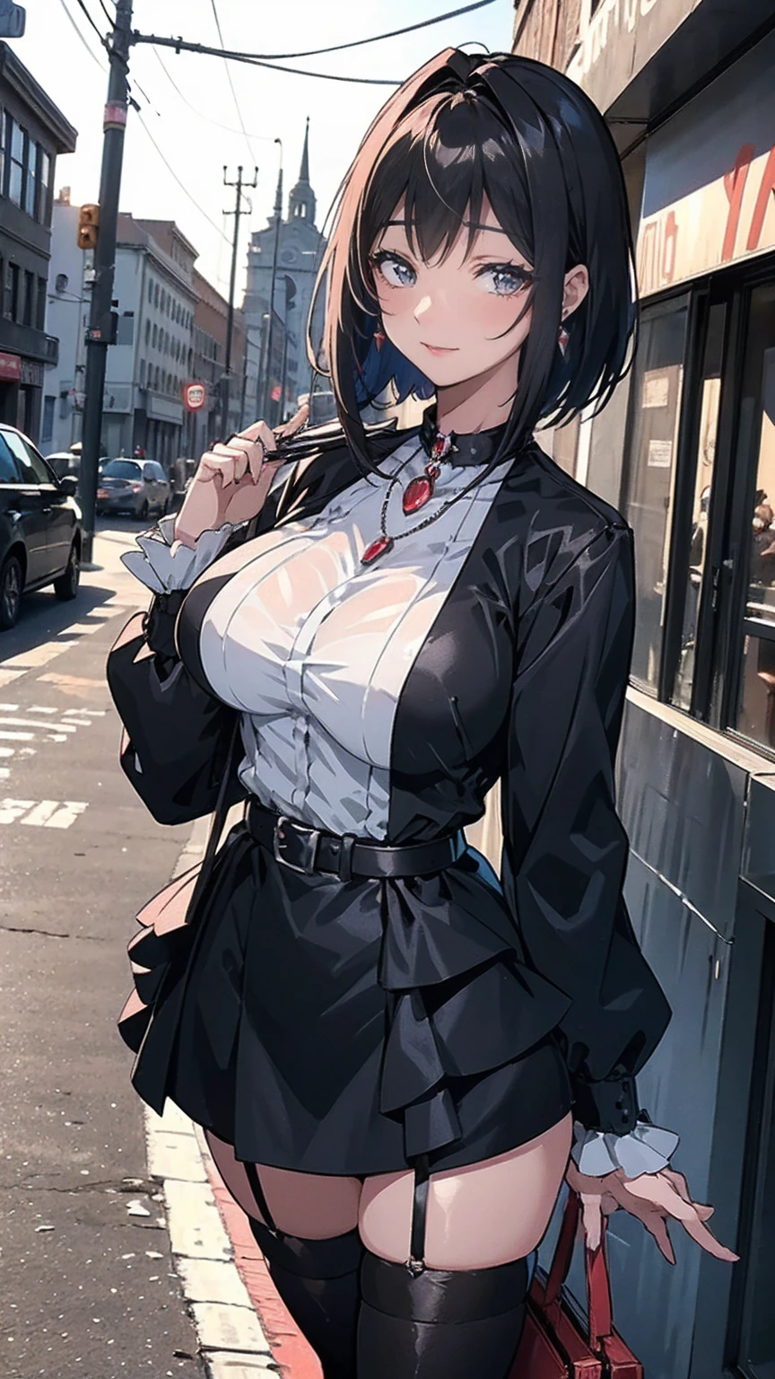 ((masterpiece, Please redeem, Very detailed)), Anime CG, 

One Girl, 20 years old, Full make-up, Black Hair, Bobcut, bangs, break ((Beautiful black eyes)), Big Eyes, Droopy eyes, medium breasts, Clevis, smile, View your viewers, 

Monochrome gothic casual spring young woman/Summer Fashion. She is wearing a black see-through shirt, black micro mini skirt,. Accessories、Layered silver necklaces and wide belt. 

background: Urban Scene,