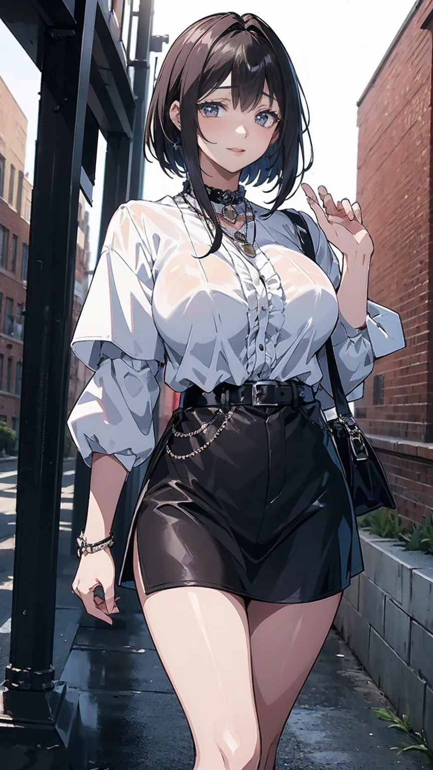 ((masterpiece, Please redeem, Very detailed)), Anime CG, 

One Girl, 20 years old, Full make-up, Black Hair, Bobcut, bangs, break ((Beautiful black eyes)), Big Eyes, Droopy eyes, medium breasts, Clevis, smile, View your viewers, 

Monochrome gothic casual spring young woman/Summer Fashion. She is wearing a black see-through shirt, black micro mini skirt,. Accessories、Layered silver necklaces and wide belt. 

background: Urban Scene,