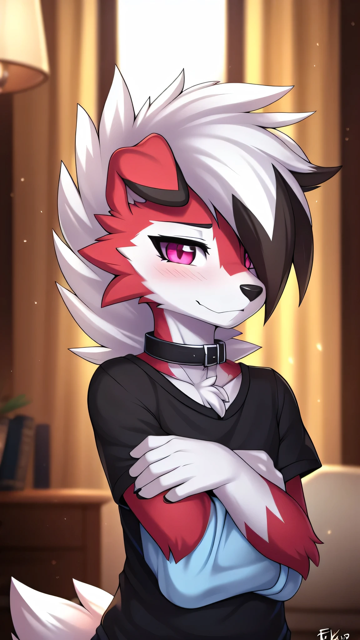 By zinfyu,by twistedscarlet60, uploaded on pixiv, by fluff-kevlar, (masterpiece), (best quality), (solo female:1.2), (extremely detailed:1.3),(detailed eye,black circle on eye,pink eye), lycanroc midnight, Front view, view on viewer, close view, shy face, half body on potrait, only body and head, close view, wearing black t-shirt, black short, Fullbody t-shirt, feminime flatchested, flatchested, close up photo of lycanroc, focus on face, in home living room, :3 mouht, beautiful eyebrow, shy, blush, wearing black collar, Paws pose, closeup face, 