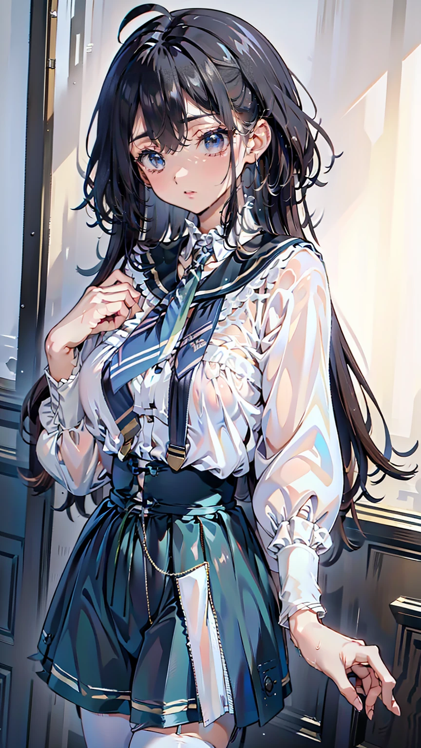 Straight hair,Black Hair,Ahoge,It looks like,Short-sleeved white sailor suit,Indigo Pleated Skirt,The large ribbon on the front of the sailor uniform is light blue..,The sleeves of the sailor suit are indigo blue,,barefoot,(beautiful girl: 1.3),Please redeem,8k,Highly detailed CG unit wallpaper,masterpiece:1.2,Please redeem,Ultra-high resolution,RAW Photos,Realistic textured skin,Cinema Lighting,Embarrassing,, vapor,Wet,Wet,Bloodshot eyes,Big and beautiful ass,Perfect Style,Perfect body,(Absolute territory:1.3),((Upper Body)),