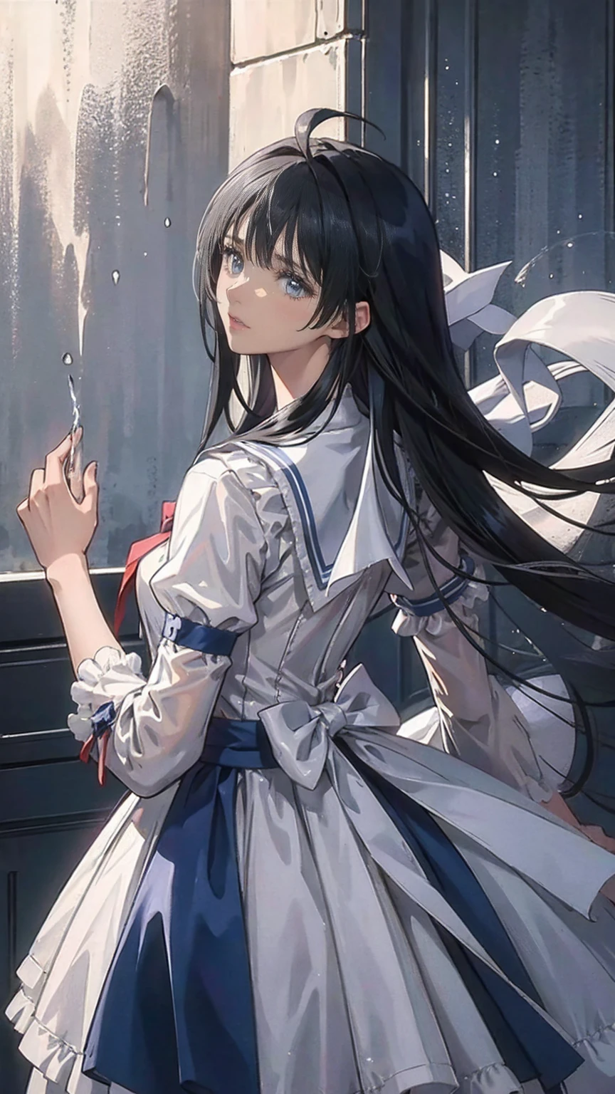 Straight hair,Black Hair,Ahoge,It looks like,Short-sleeved white sailor suit,Indigo Pleated Skirt,The large ribbon on the front of the sailor uniform is light blue..,The sleeves of the sailor suit are indigo blue,,barefoot,(beautiful girl: 1.3),Please redeem,8k,Highly detailed CG unit wallpaper,masterpiece:1.2,Please redeem,Ultra-high resolution,RAW Photos,Realistic textured skin,Cinema Lighting,Embarrassing,, vapor,Wet,Wet,Bloodshot eyes,Big and beautiful ass,Perfect Style,Perfect body,(Absolute territory:1.3),((Upper Body)),
